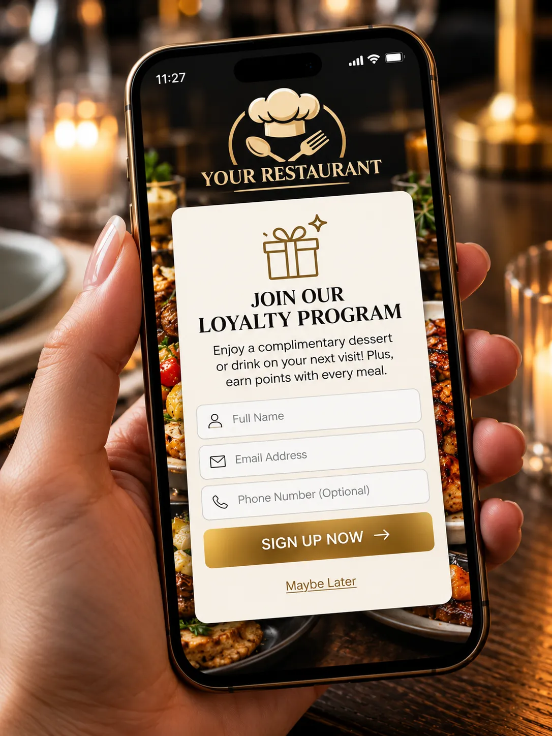 Smartphone interface showing loyalty signup rewards prompt
