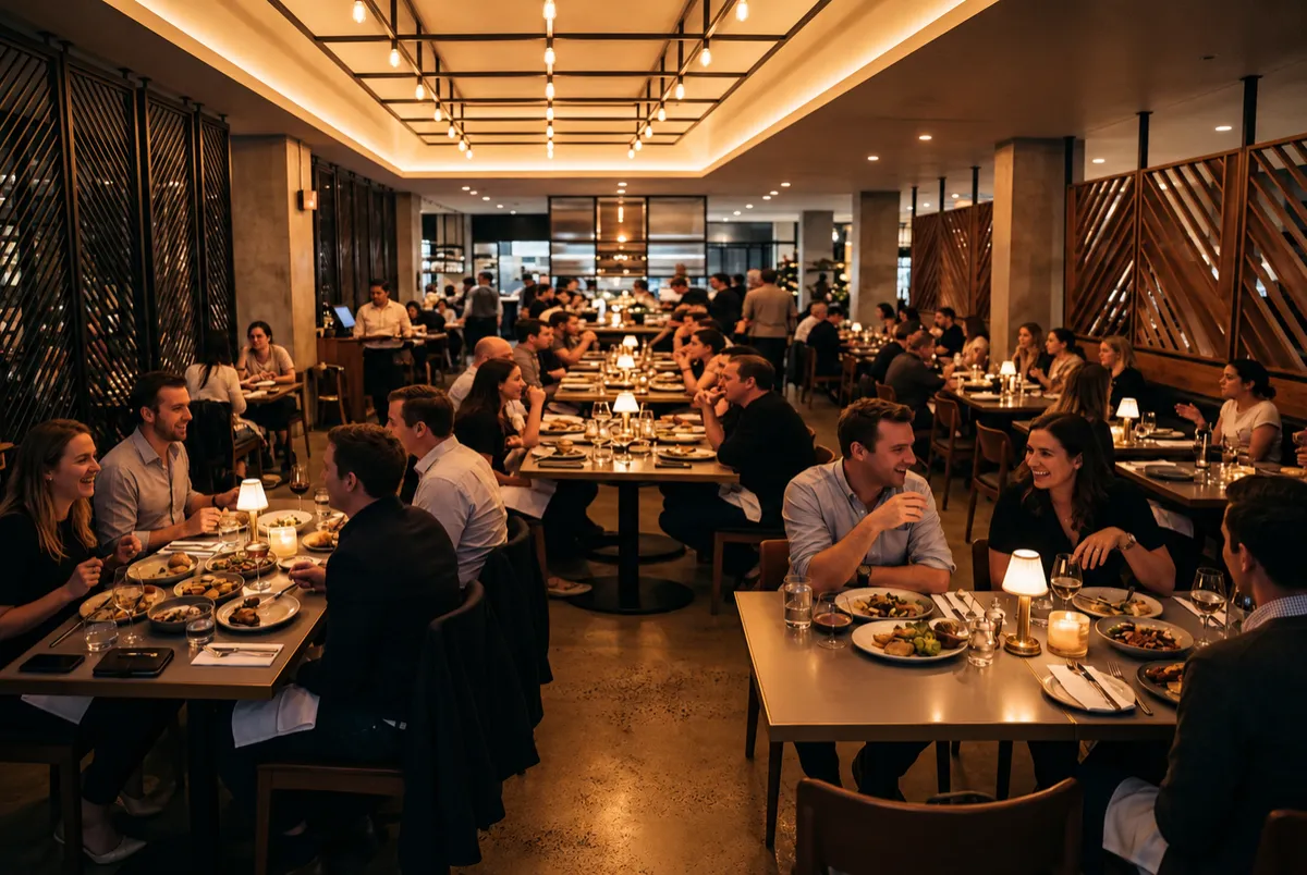 Vibrant, full restaurant with engaged diners interacting with Growth Plaques placed on every tabletop