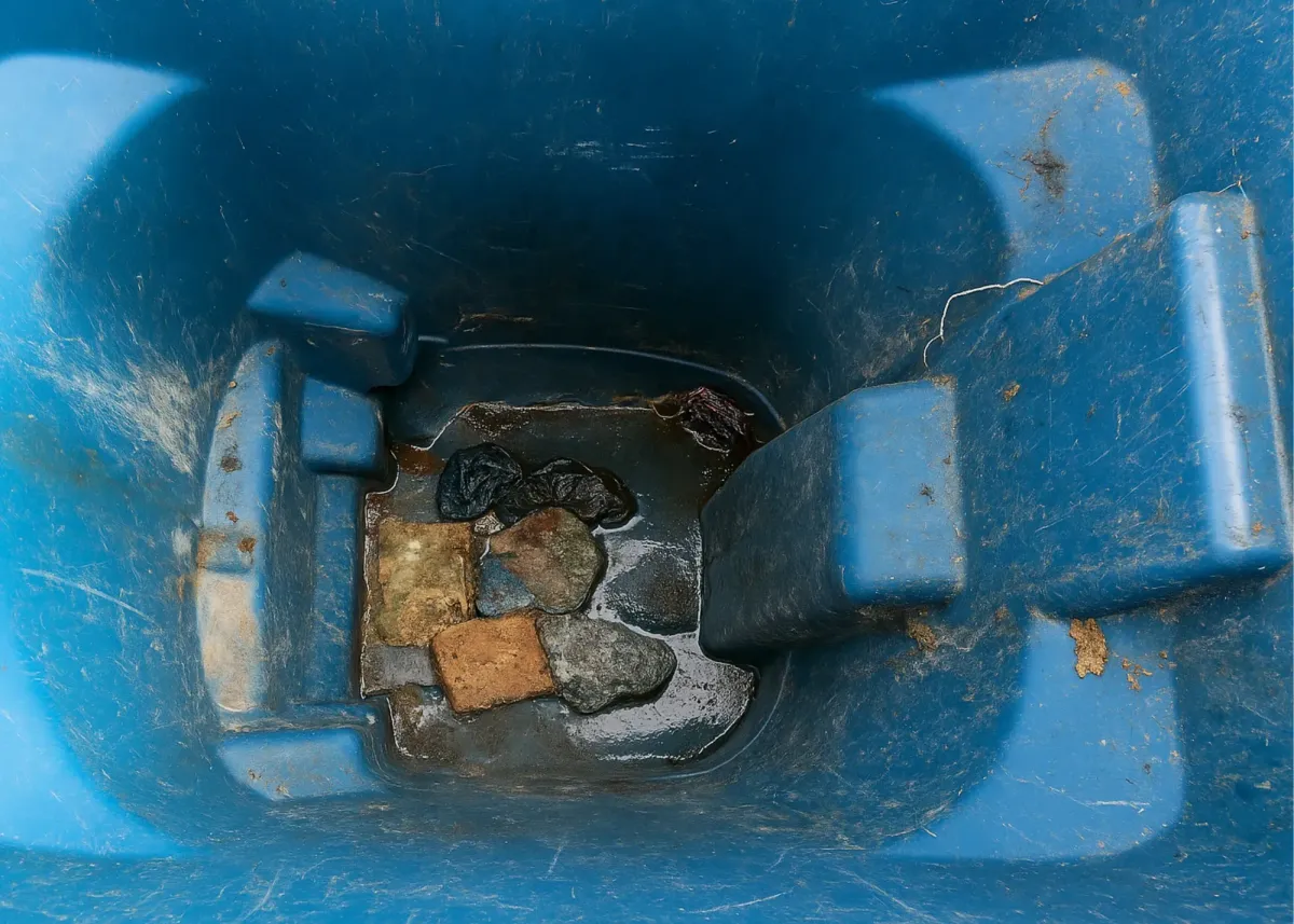 Interior of a dirty blue trash bin with grime, debris, and residue buildup.