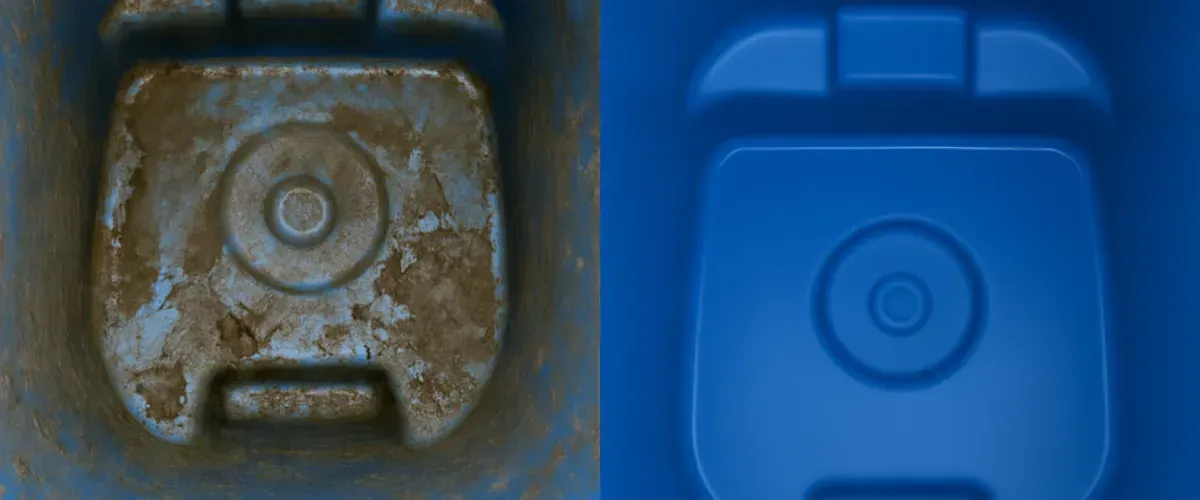 Before and after image showing a dirty and clean trash bin interior