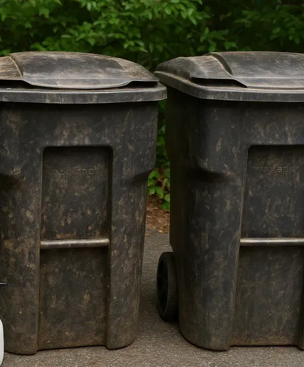 Two dirty black trash bins placed curbside before cleaning