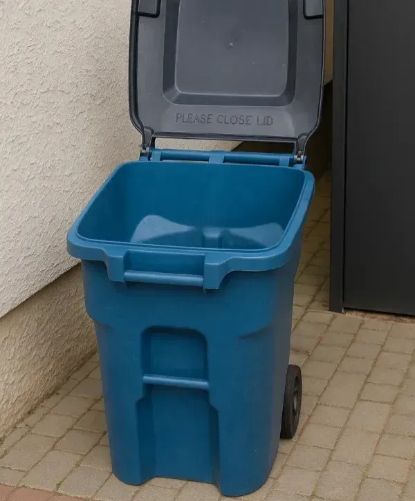 Blue trash bin with open lid placed on a patio