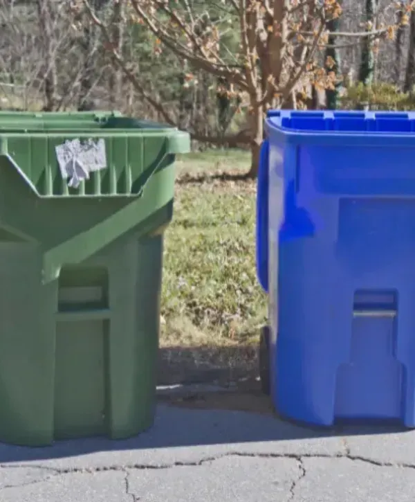 Green and blue trash bins placed on the curb outside a residential area.
