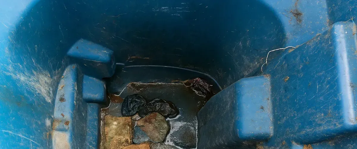  Interior of a dirty blue trash bin containing debris and grime