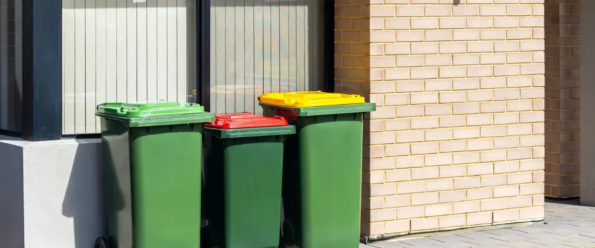 Green, red, and yellow recycling bins placed outside a brick building near a window