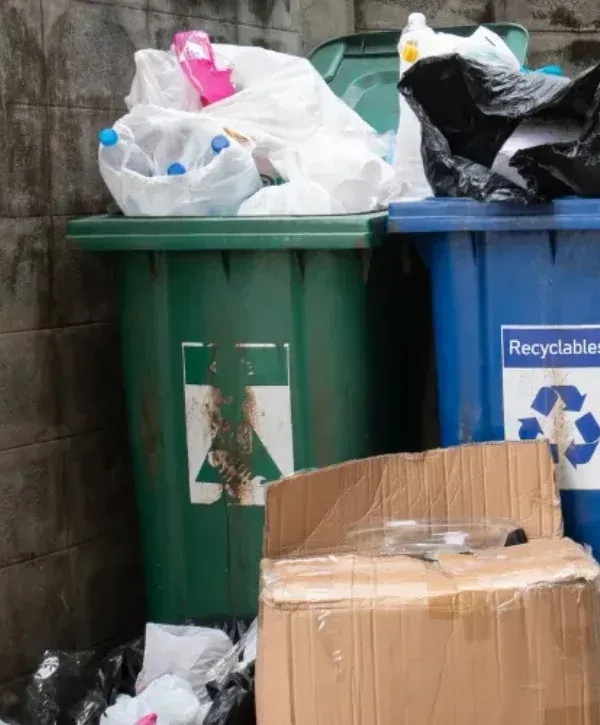 Overflowing trash and recycling bins with bags and cardboard