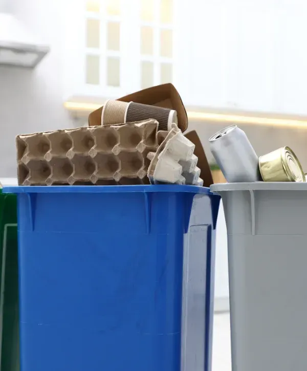Blue recycling bin filled with cardboard, cans, and paper waste.