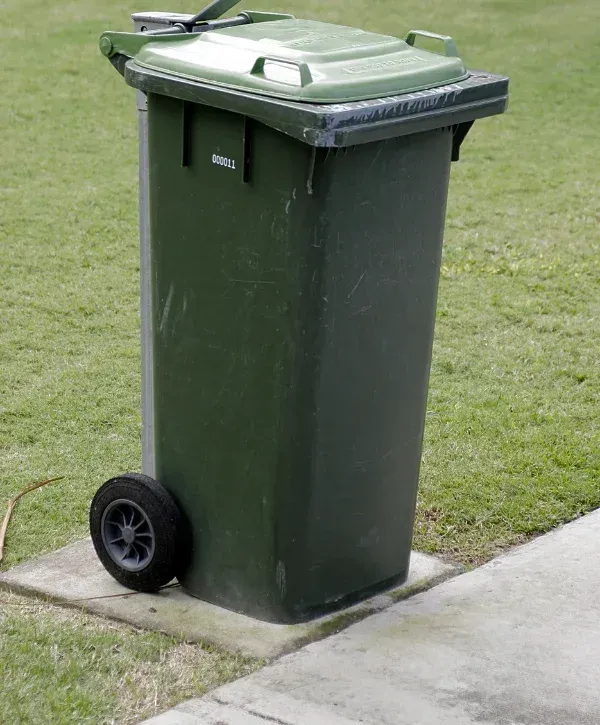 A tall, dark green garbage bin with a light green lid stands on a concrete block beside a grassy lawn and sidewalk.