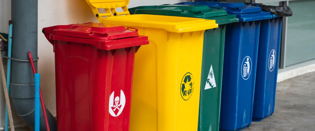 A row of red, yellow, green, and blue waste and recycling bins with various symbols for sorting.