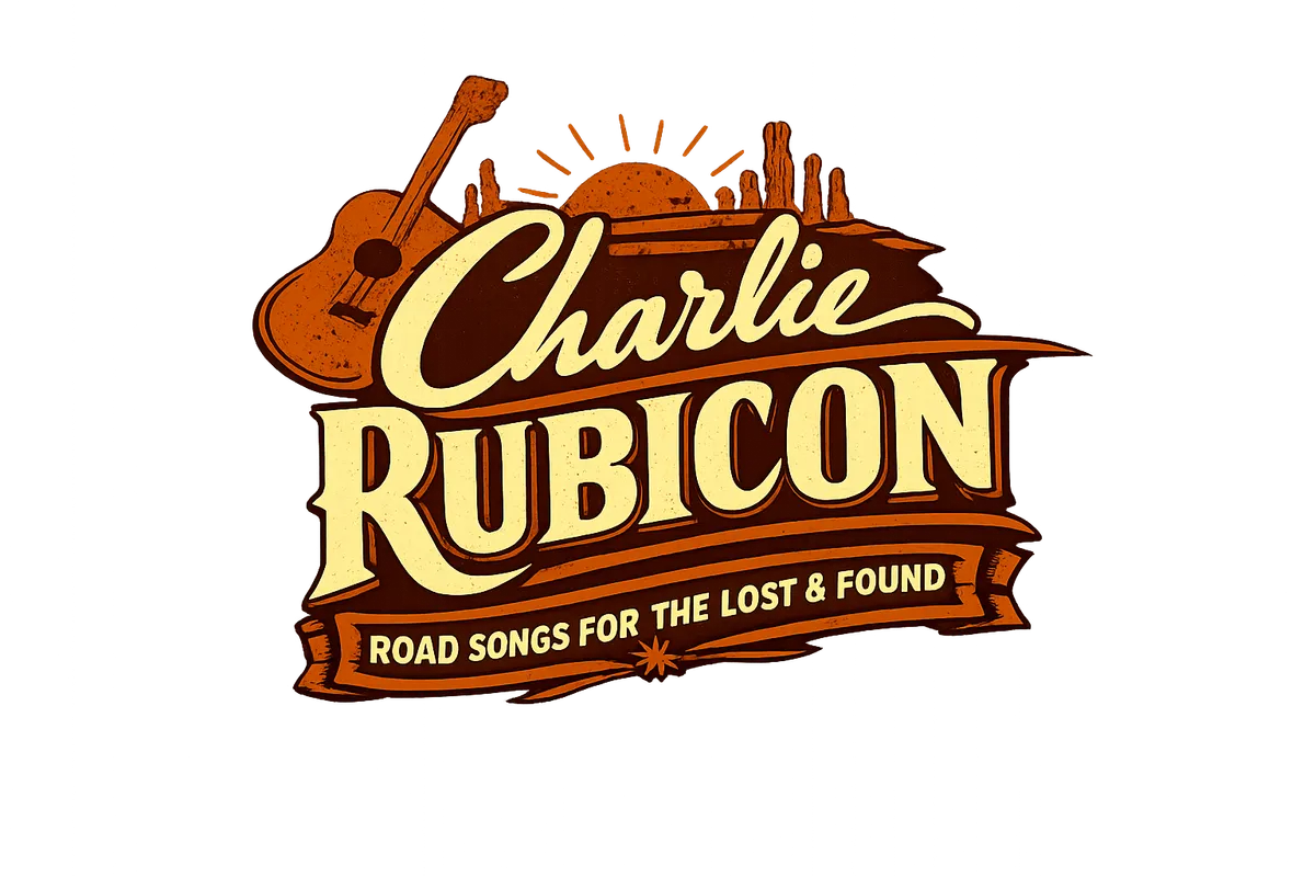 Logo for Charlie Rubicon Guitar and Sunset over rocky mountains with slogan Road Songs For The Lost & Found