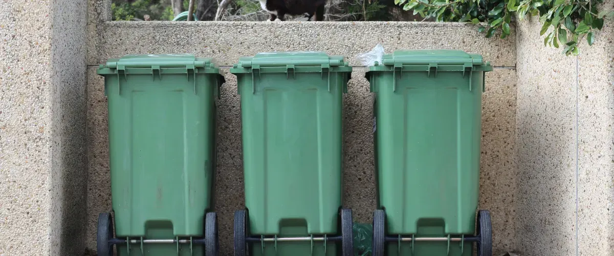 Three green garbage bins neatly aligned in front of a textured stone wall and shrubbery. 