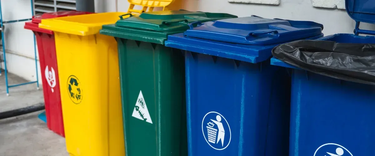 Color-coded recycling and trash bins for waste segregation outdoors.