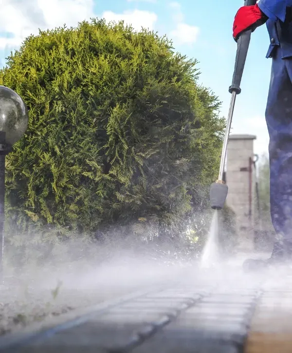 Worker using a pressure washer to clean outdoor driveway pavers near green landscaping.