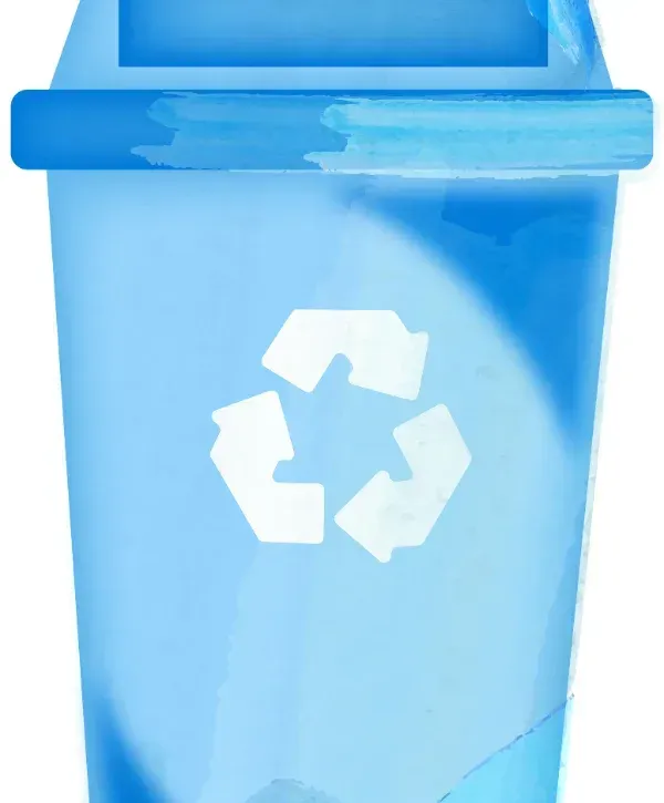 Blue recycling bin illustration with white recycle symbol.