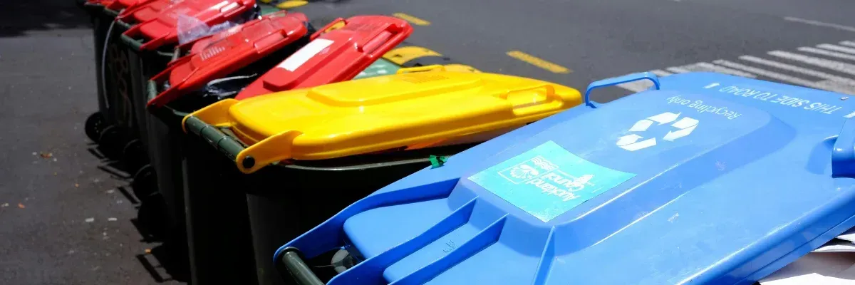 Curbside row of residential recycling bins with colored lids.