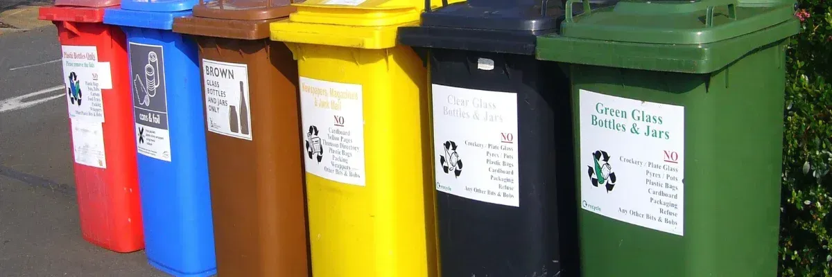 Six color-coded recycling bins for waste sorting and recycling.