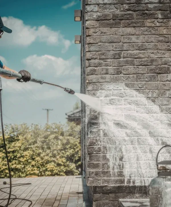 A person uses a pressure washer to clean a dark brick wall, with dirty and clean sections visible.
