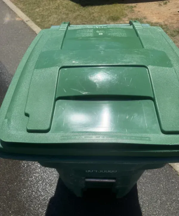 A close-up, overhead shot of a dark green plastic garbage can lid on a sunny day.