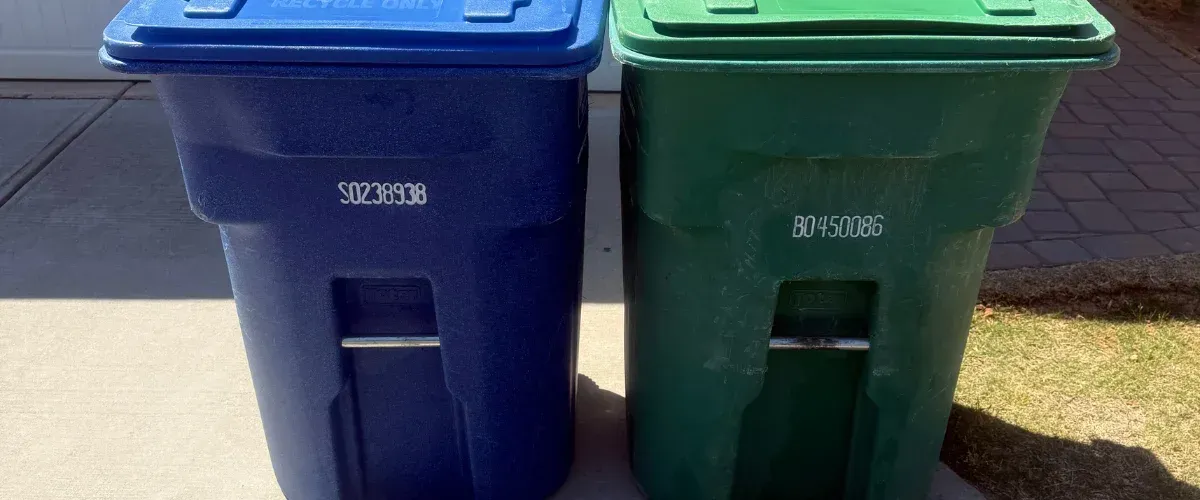 A bright blue recycling bin and a dark green trash bin stand side-by-side on a sunny day.