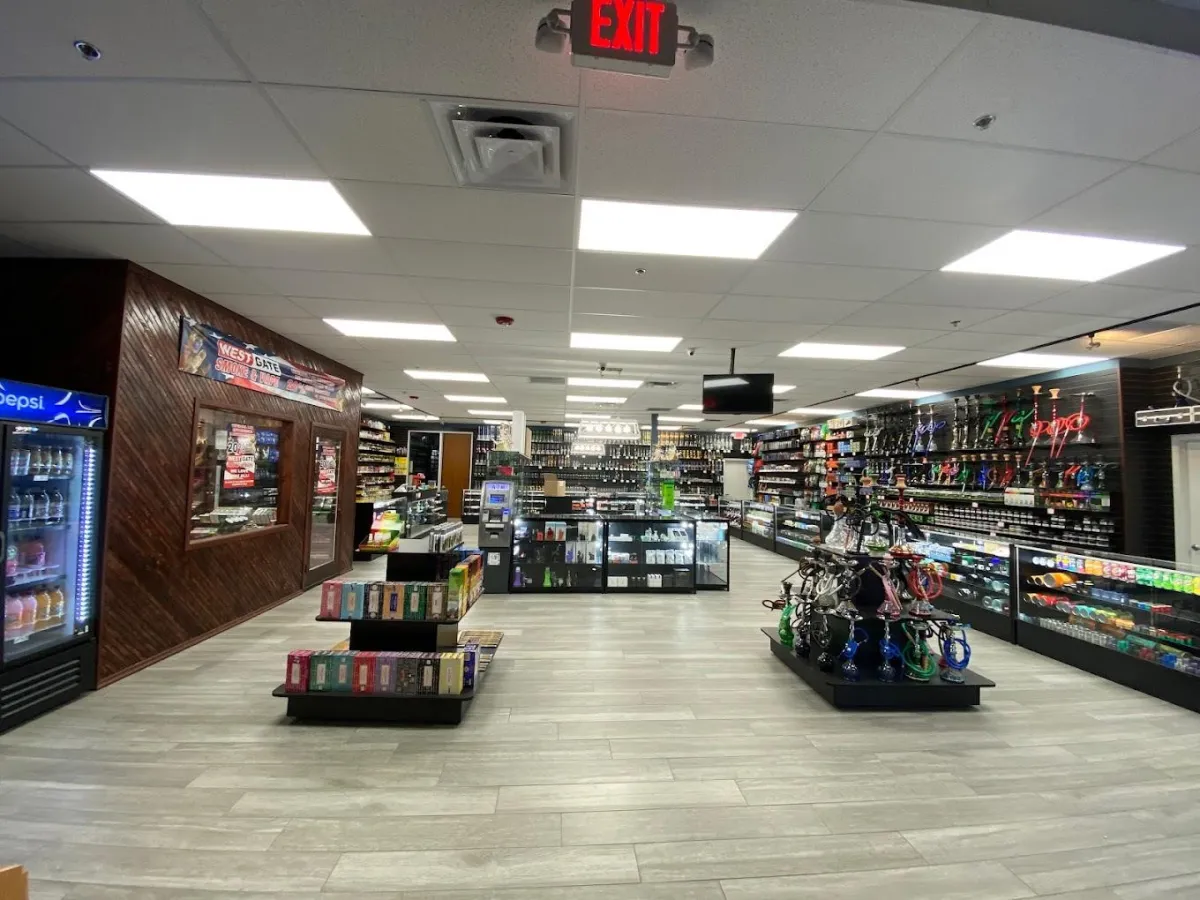 Inside view of West Valley Smoke & Vape in Glendale, showcasing a wide selection of vapes, smoking accessories, and premium products near Cardinals Stadium.