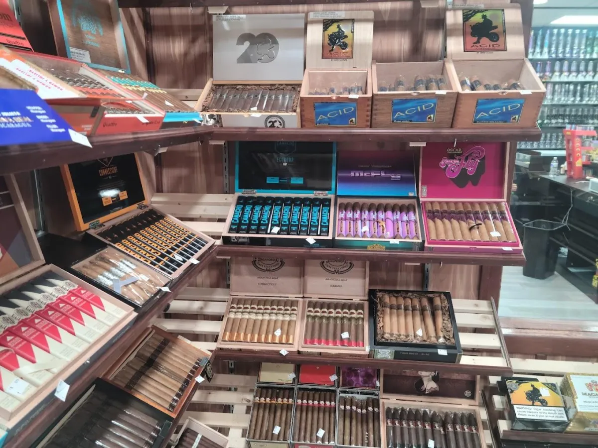 Premium cigar humidor at West Valley Smoke & Vape, featuring top brands like Montecristo, Cohiba, and Casa Magna in Glendale.