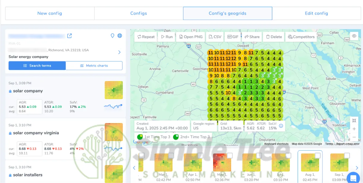 GBP heat map showing high local solar rankings across service area