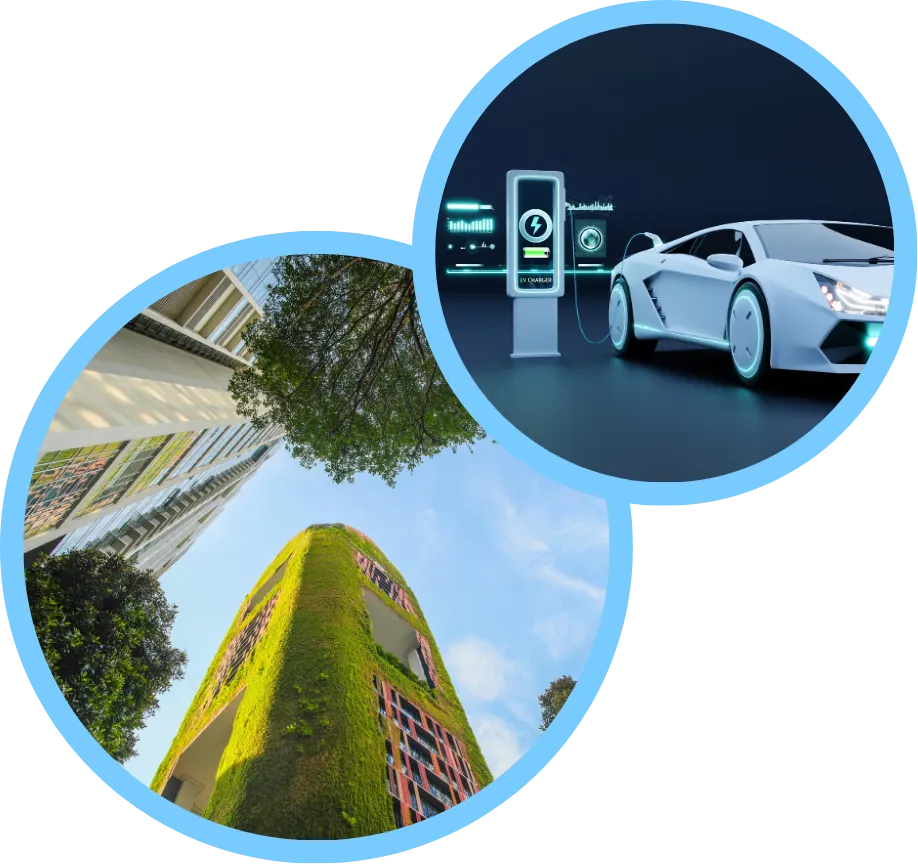 Electric vehicle plugged into a charging station and a green city symbolizing clean sustainable transportation