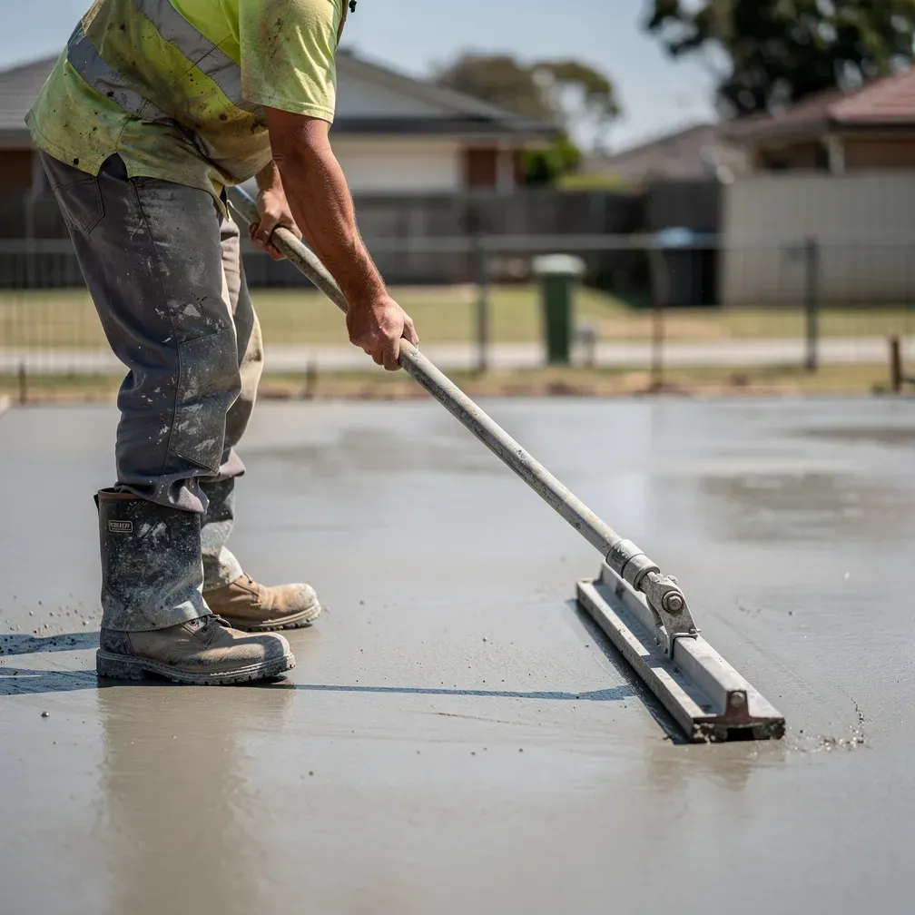Concrete contractor finishing a freshly poured slab on a residential job site in North Tonawanda, New York