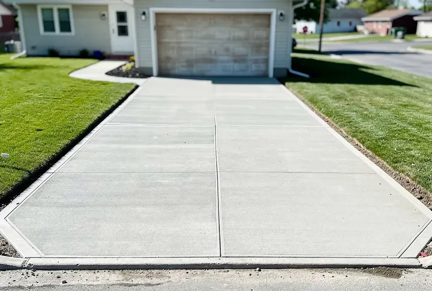Freshly finished concrete driveway attached to a modest garage in North Tonawanda, New York