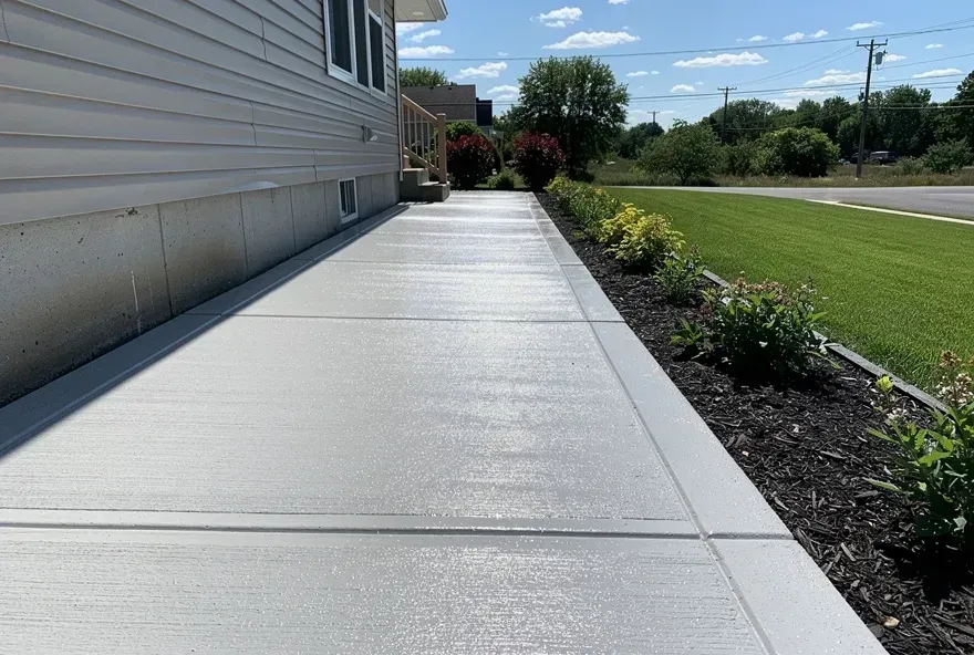 Freshly finished concrete sidewalk alongside a residential home in North Tonawanda, New York