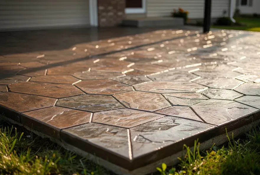 Freshly finished stamped concrete patio surface with decorative pattern in North Tonawanda, New York