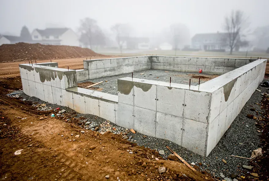 Freshly poured concrete foundation walls on a residential construction site in North Tonawanda, New York