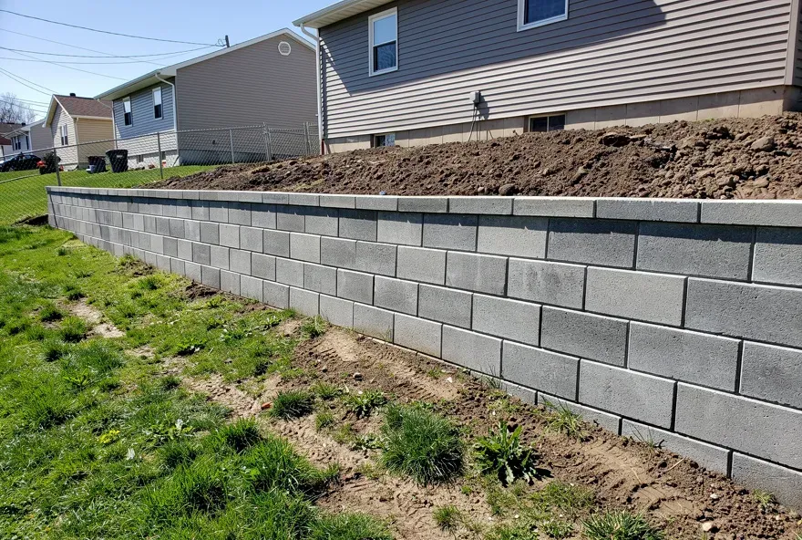 Freshly finished concrete block retaining wall in a residential backyard in North Tonawanda, New York