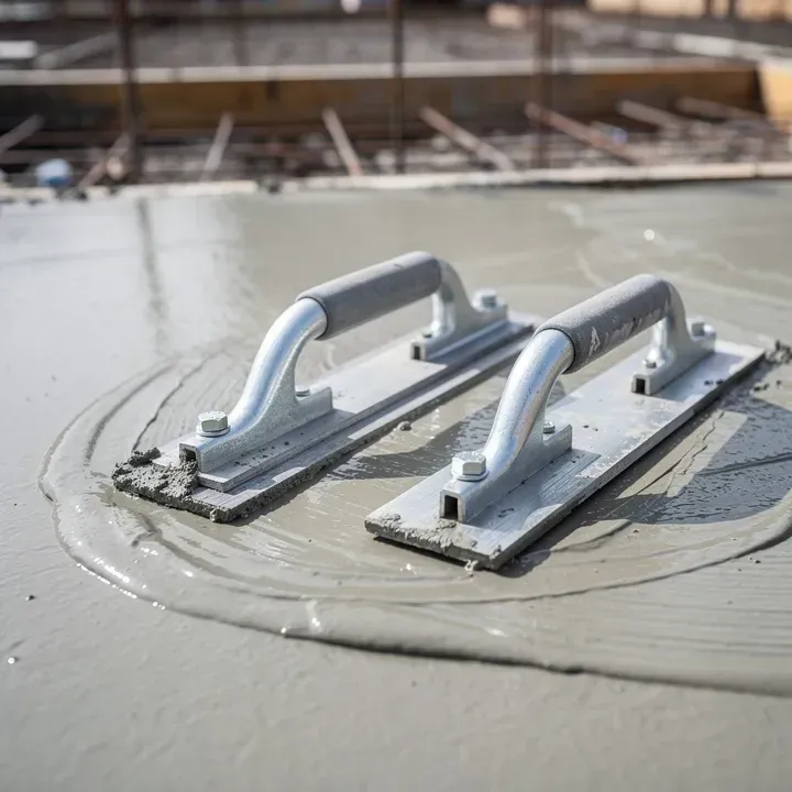 Close-up of concrete finishing tools resting on a freshly poured slab in North Tonawanda, New York