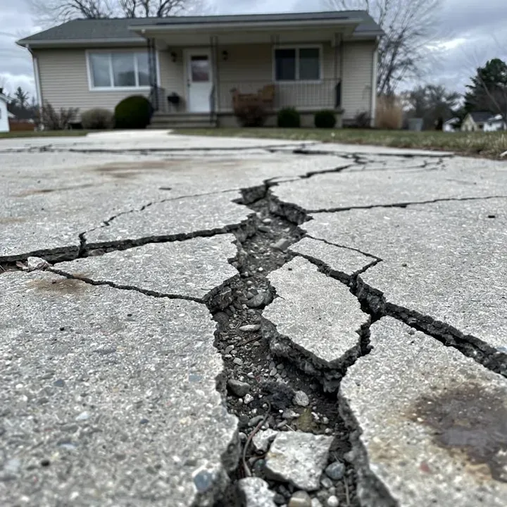 Severely cracked and deteriorating concrete driveway surface at a residential home in North Tonawanda, New York