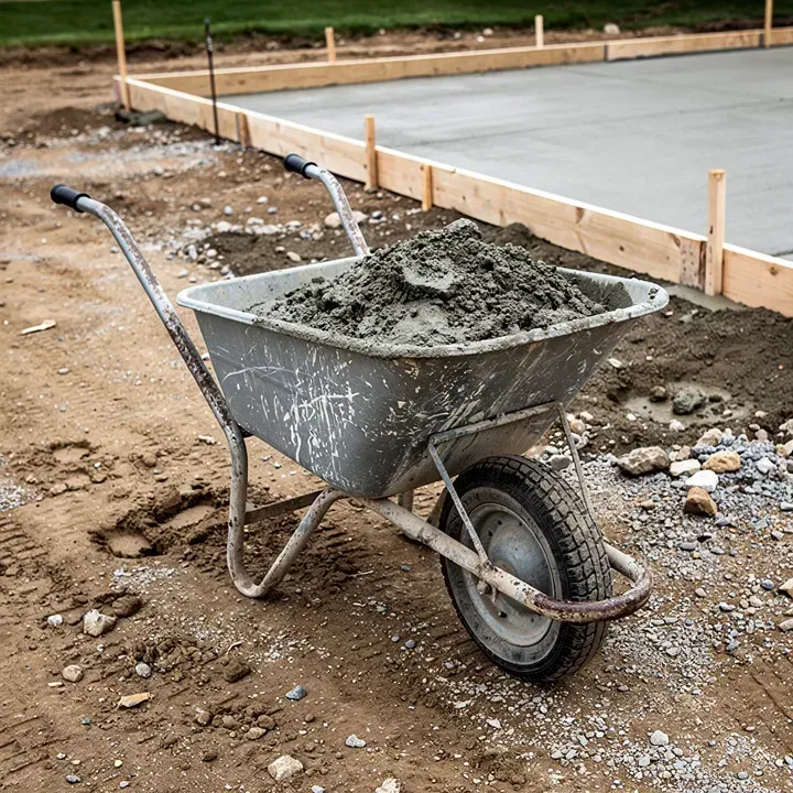 Concrete-filled wheelbarrow on an active residential job site in North Tonawanda, New York