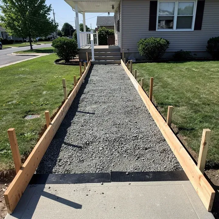 Prepared concrete sidewalk site with compacted gravel base and wooden forms set along both edges, ready for pour in North Tonawanda, New York