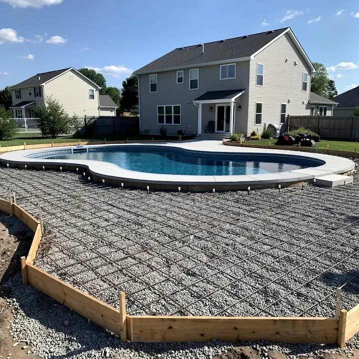 Prepared concrete pool deck site with gravel base and rebar reinforcement ready for pour in North Tonawanda, New York