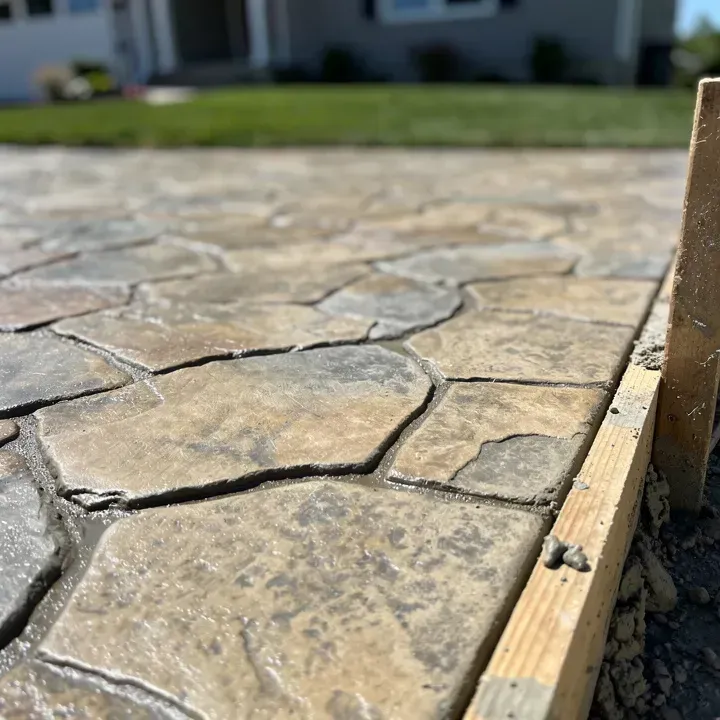 Close-up of a freshly stamped concrete surface with natural stone pattern at a residential property in North Tonawanda, New York