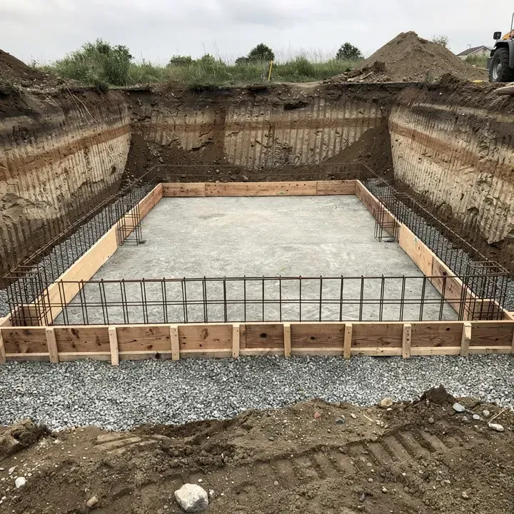 Freshly poured concrete foundation with rebar and wood forms at a residential construction site in Red Bluff California