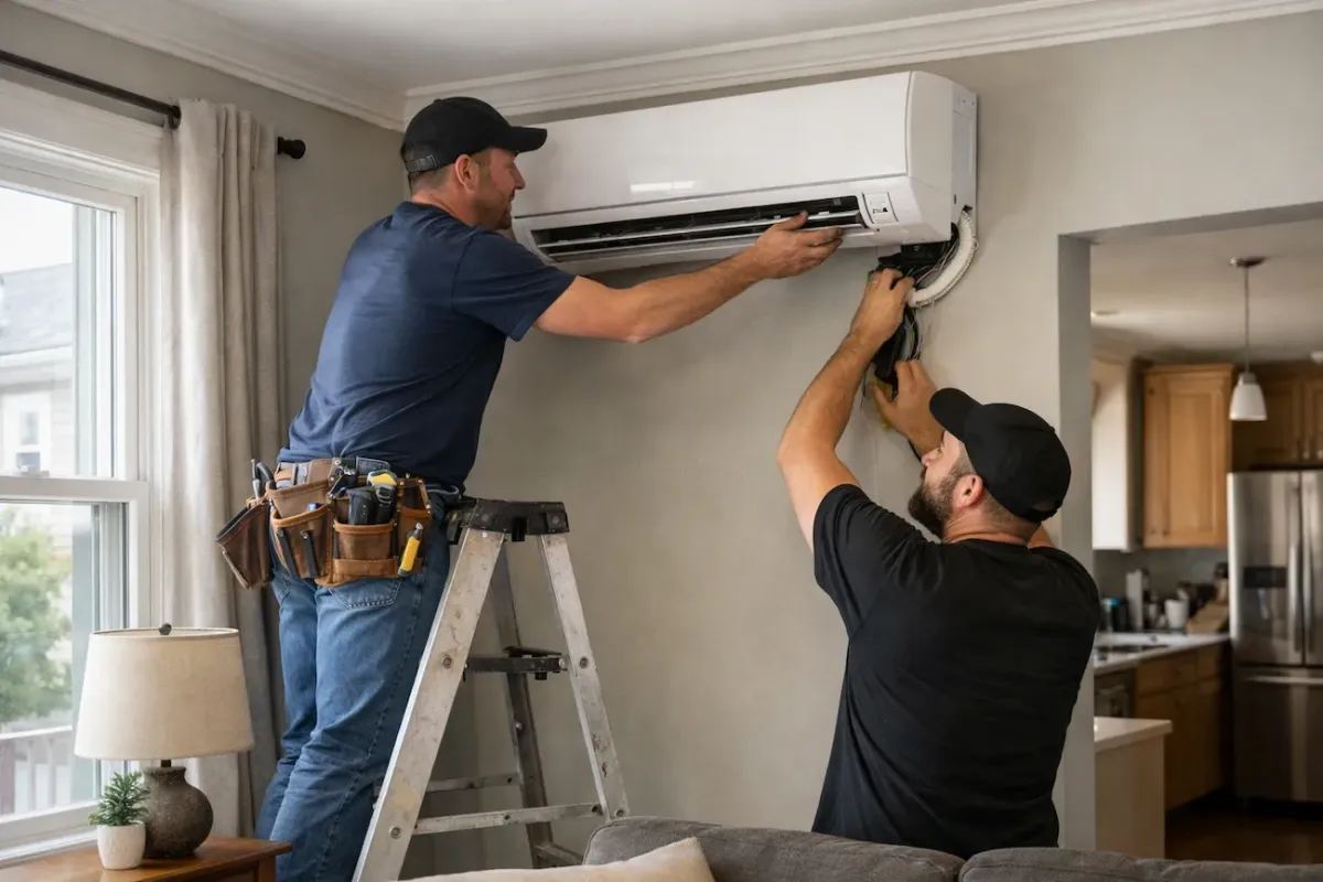 Ductless mini split installation technicians mounting an indoor mini split system inside a home in Somerville MA.
