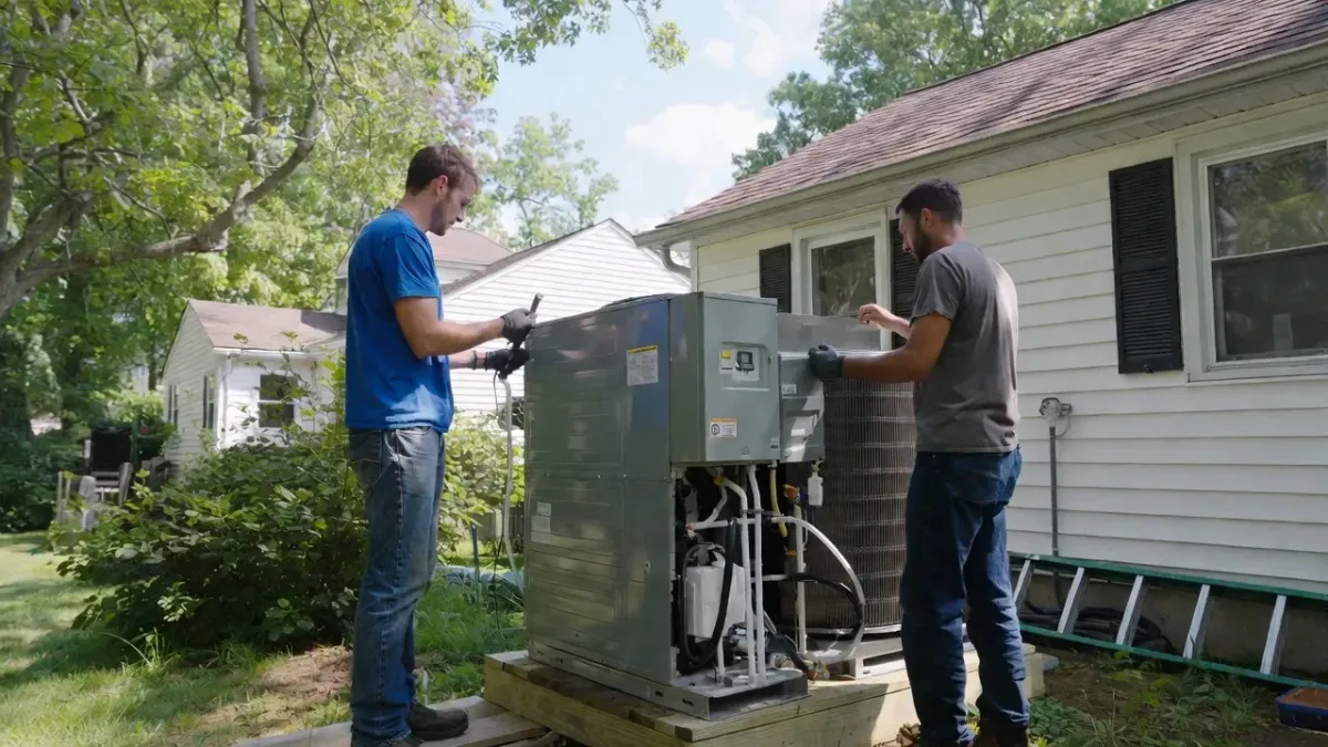 AC installation technicians setting up a new outdoor air conditioning system beside a residential home in Somerville MA.