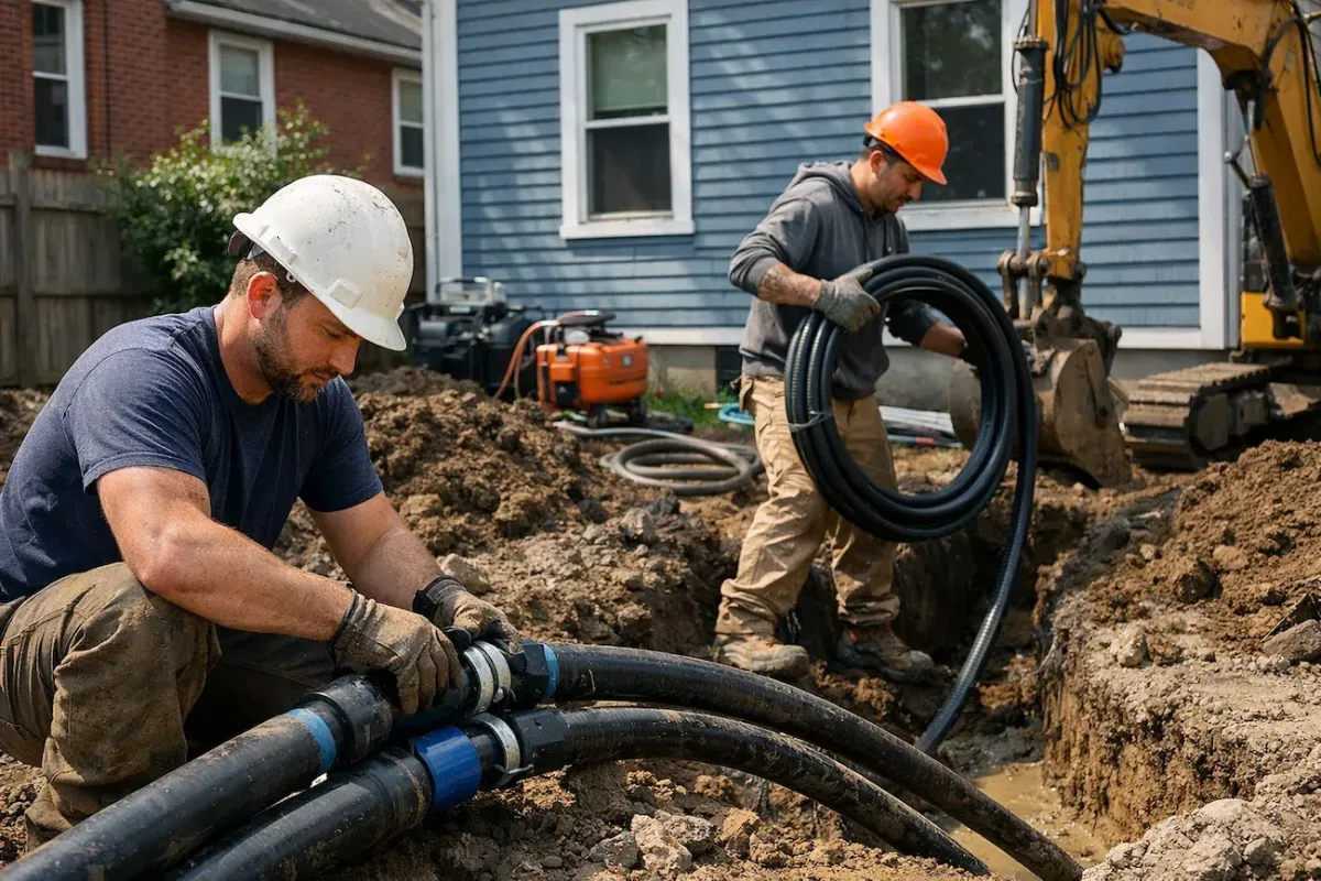 Geothermal heating and cooling technicians installing underground loop lines for a residential HVAC system in Somerville MA.