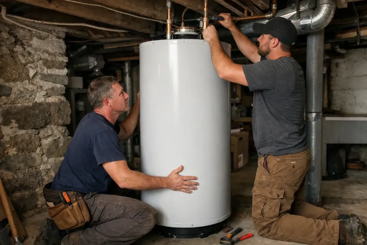 Water heater installation technicians setting up a new residential water heater in a basement in Somerville MA.