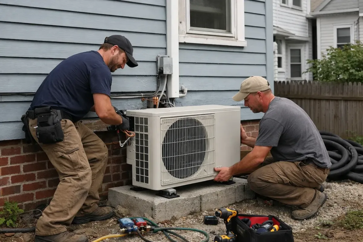 Heat pump installation technicians setting up an outdoor heat pump system beside a residential home in Somerville MA.