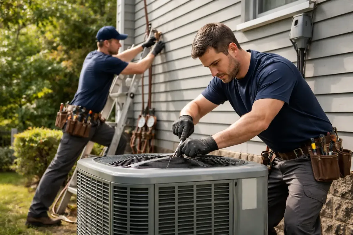 HVAC technician repairing an outdoor AC condenser beside a home in Somerville MA while another technician works on nearby system lines.