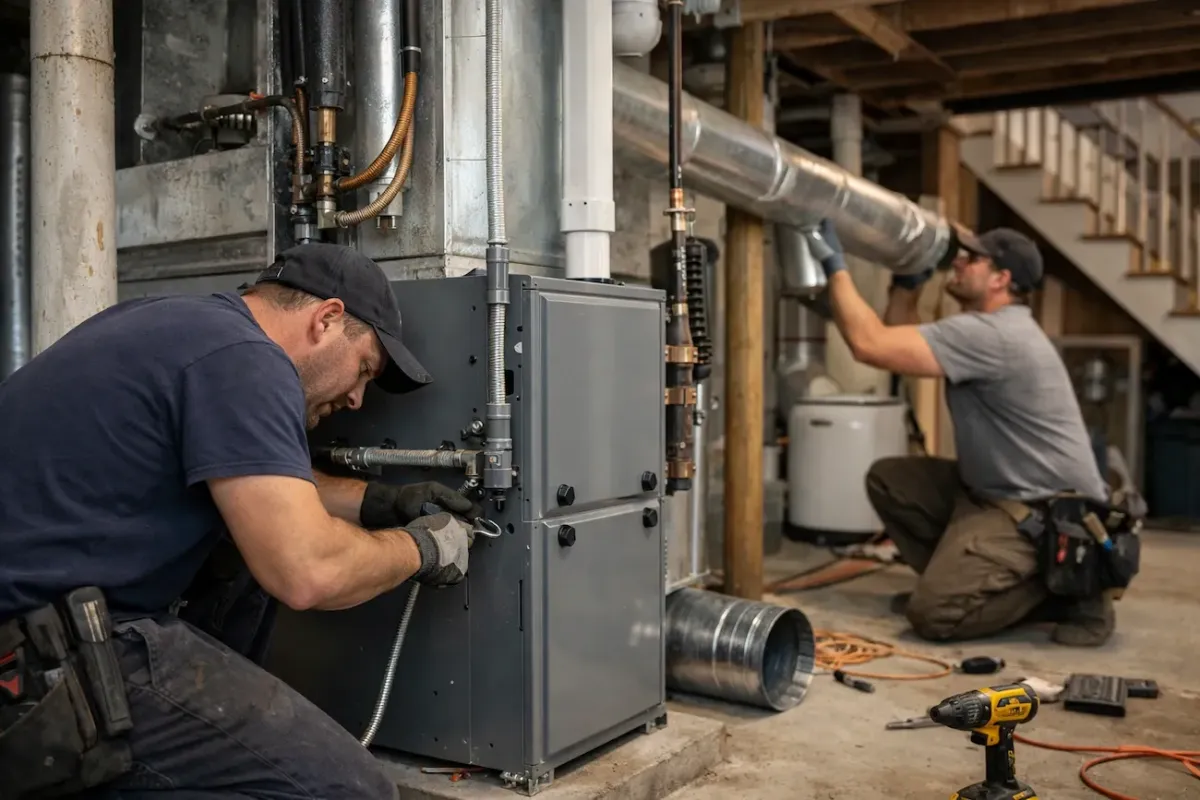 Furnace installation technicians setting up a new heating system and ductwork in a residential basement in Somerville MA.