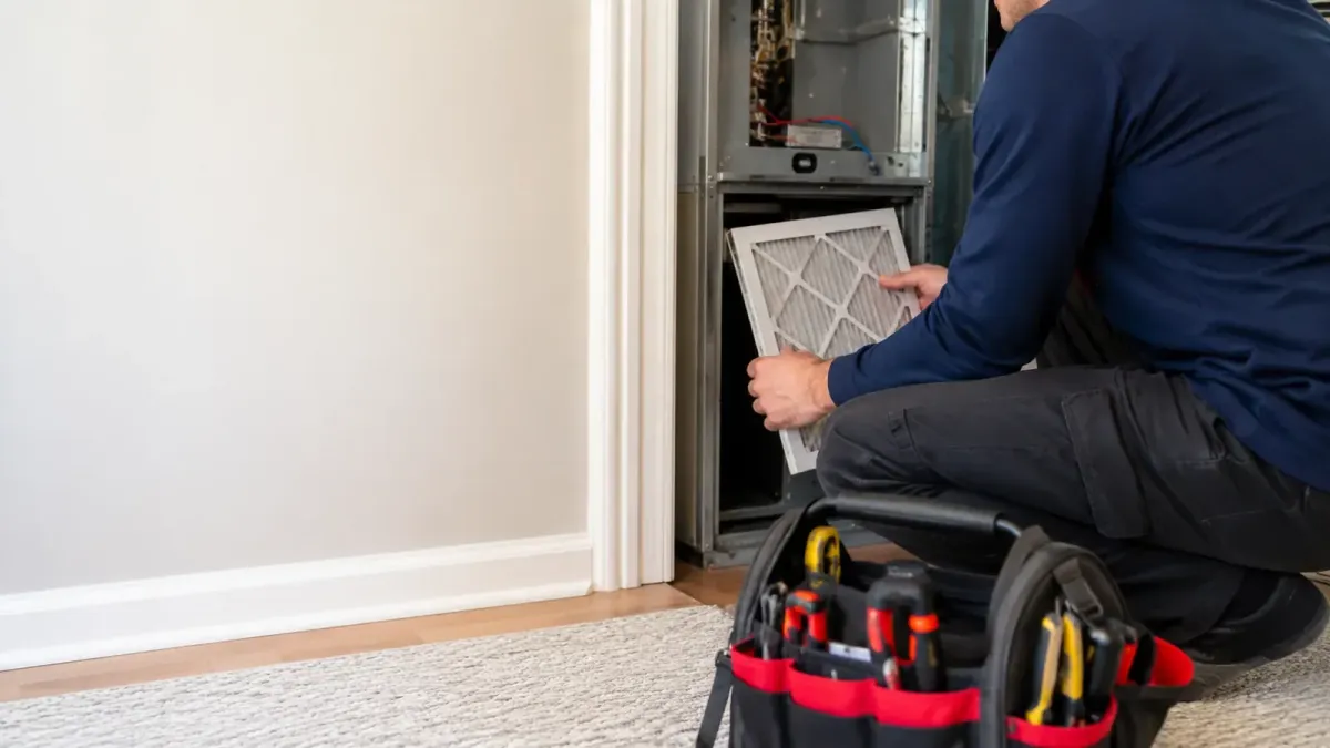 HVAC maintenance technician replacing an air filter during a residential heating and cooling tune-up in Somerville MA.