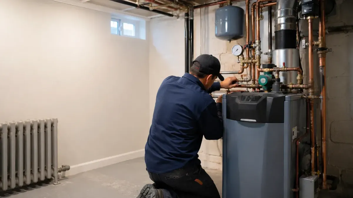 Boiler repair technician servicing a residential hydronic heating system in a basement in Somerville MA.