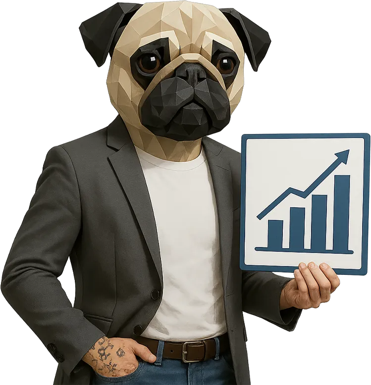 SEO Specialist in a yellow hoodie pointing to a sign with SEO on it wearing a Bear poly mask